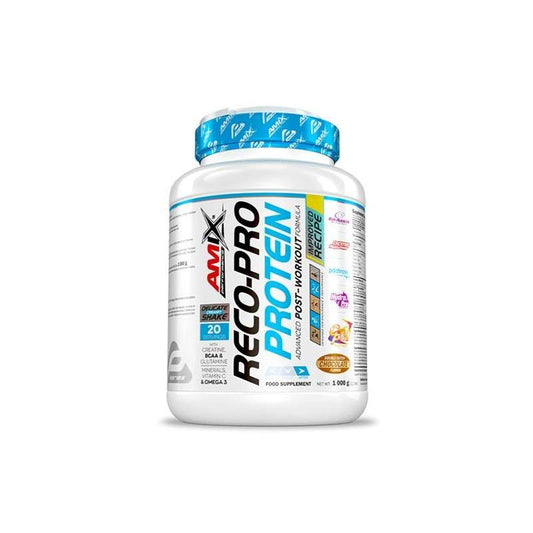 AMIX Performance RECO-PRO 1kg - Suplemento de recuperación muscular premium diseñado para deportistas y atletas. Fórmula avanzada con proteínas, carbohidratos, BCAA's, glutamina y electrolitos para una recuperación rápida y eficiente después del entrenamiento. Mejora el rendimiento, reduce la fatiga muscular y apoya la rehidratación y el sistema inmune. Ideal para entrenamientos intensos y competiciones. Disponible en formato de 1kg con sabores deliciosos.